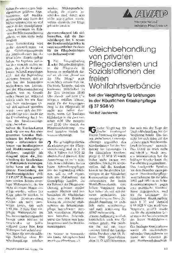 Vorschauseite 1: Gleichbehandlung von privaten Pflegediensten und Sozialstationen der freien Wohlfahrtsverbände bei der Vergütungen für Leistungen in der Häuslichen Krankenpflege ( 37 SGB V)