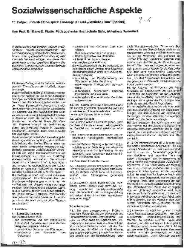 Vorschauseite 1: Sozialwissenschaftliche Aspekte 19. Folge: Unterrichtsbeispiel: Führungsstil u. Betriebsklima (Schluß)