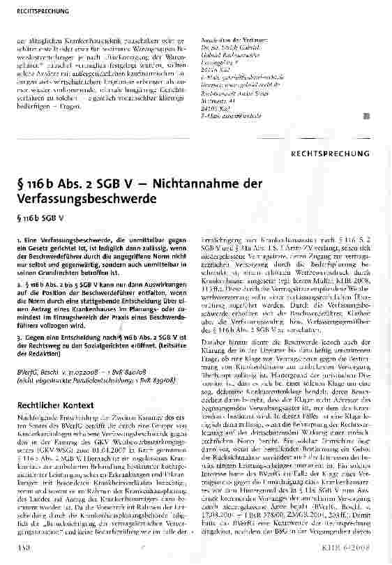 Vorschauseite 1: § 116 b Abs. 2 SGB V - Nichtannahme der Verfassungsbeschwerde