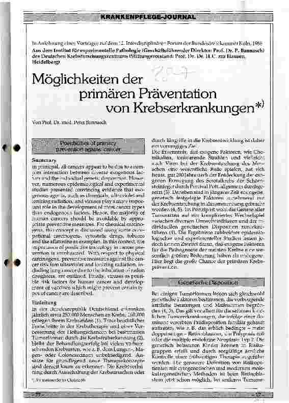 Vorschauseite 1: Möglichkeiten der primären Präventation von Krebserkrankungen