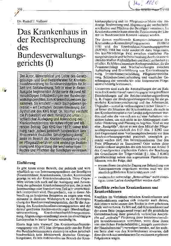Vorschauseite 1: Das Krankenhaus in Rechtsprechung des Bundesverwaltungsgerichtes