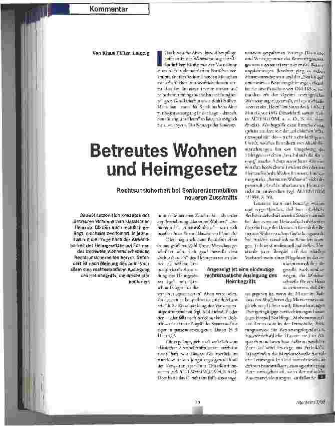 Vorschauseite 1: Betreutes Wohnen und Heimgesetz Rechtsunsicherheit bei Seniorenimmobilien neueren Zuschnitts