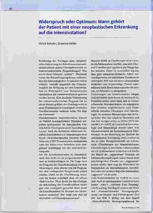 Vorschauseite 1: Widerspruch oder Optimum: Wann gehört der Patient mit einer neoplastischen Erkrankung auf die Intensivstation?