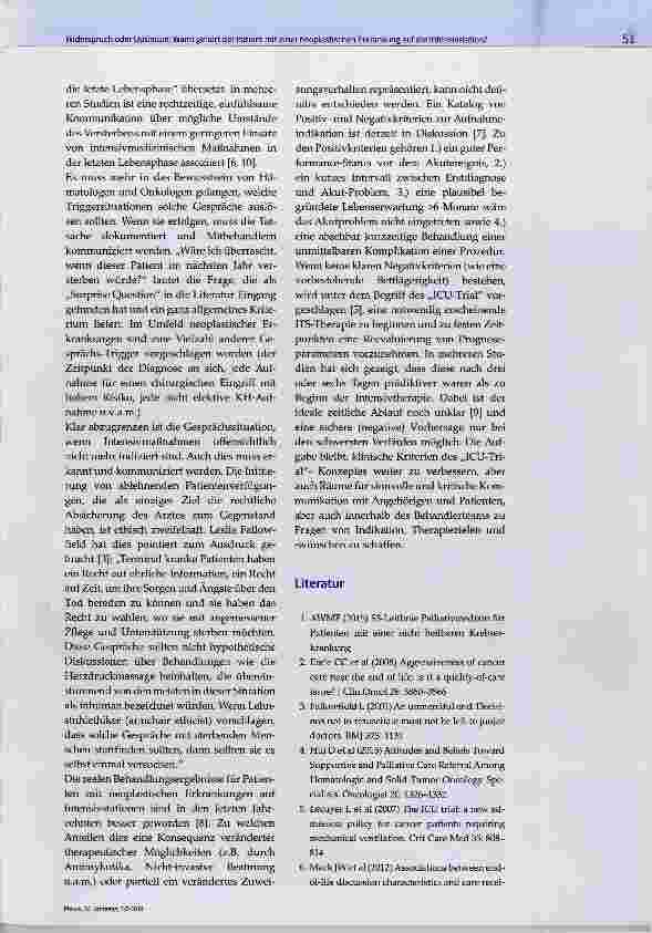 Vorschauseite 2: Widerspruch oder Optimum: Wann gehört der Patient mit einer neoplastischen Erkrankung auf die Intensivstation?
