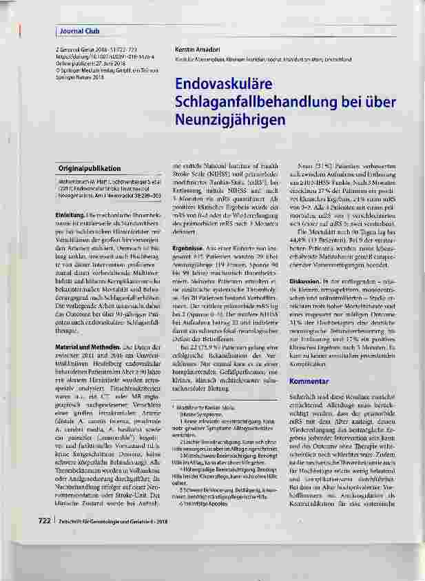 Vorschauseite 1: Endovaskuläre Schlaganfallbehandlung bei über Neunzigjährigen