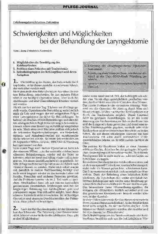 Vorschauseite 1: Schwierigkeiten und Möglichkeiten bei der Behandlung der Laryngetomie /// Erfahrungsbericht eines Patienten