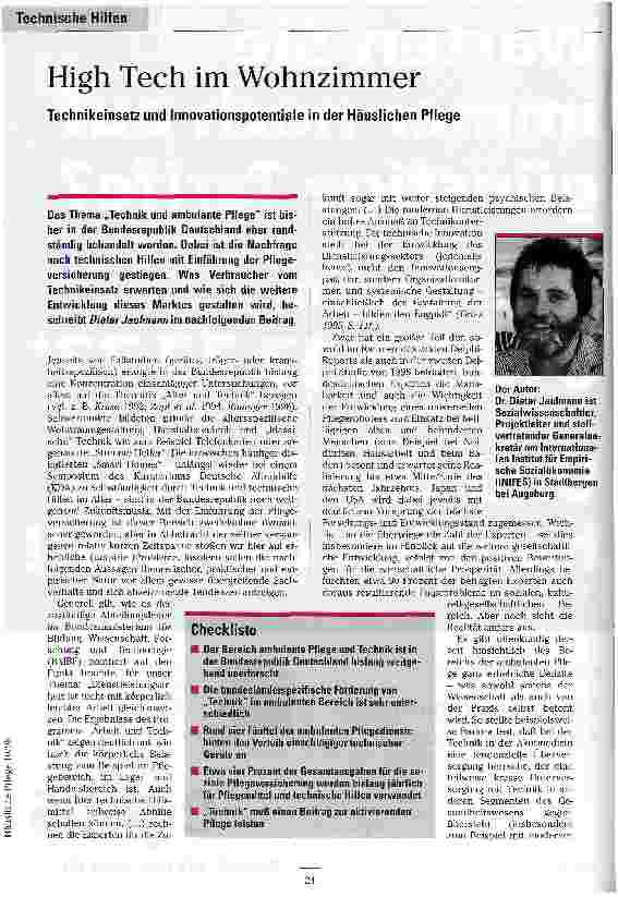 Vorschauseite 1: High Tech im Wohnzimmer Technikeinsatz und Innovationspotentiale in der Häuslichen Pflege