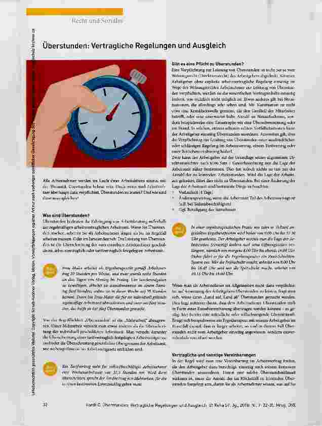 Vorschauseite 1: Recht und Soziales Überstunden: Vertragliche Regelungen und Ausgleich