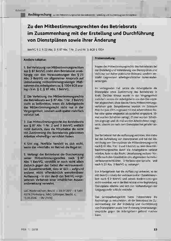 Vorschauseite 1: Zu den Mitbestimmungsrechten des Betriebsrats im Zusammenhang mit der Erstellung und Durchführung von Dienstplänen sowie ihrer Änderung