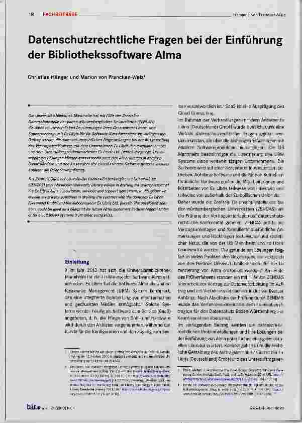 Vorschauseite 1: Datenschutzrechtliche Fragen bei der Einführung der Bibliothekssoftware Alma