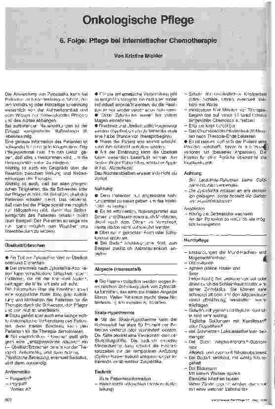 Vorschauseite 1: Onkologische Pflege 6. Folge: Pflege bei internistischer Chemotherapie