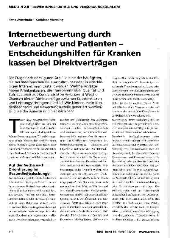 Vorschauseite 1: Internetbewertung durch Verbraucher und Patienten -Entscheidungshilfen für Kranken kassen bei Direktverträgen