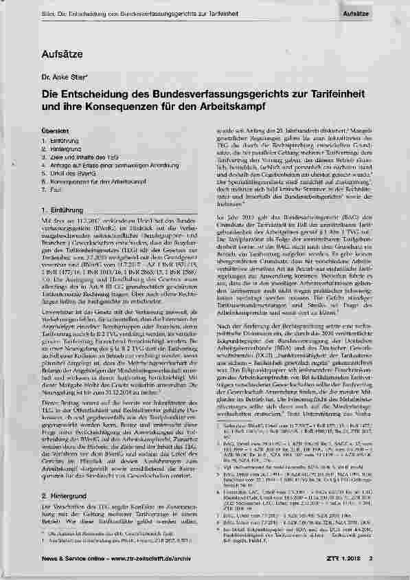Vorschauseite 1: Die Entscheidung des Bundesverfassungsgerichts zur Tarifeinheit und ihre Konsequenzen für den Arbeitskampf