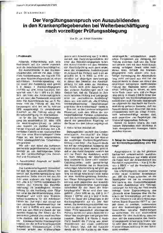 Vorschauseite 1: Der Vergütungsanspruch von Auszubildenden in den Krankenpflegeberufen bei Weiterbeschäftigung nach vorzeitiger Prüfungsablegung
