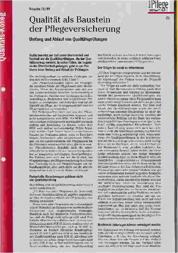 Vorschauseite 1: Qualität als Baustein der Pflegeversicherung (Teil 5) Umfang und Ablauf von Qualitätsprüfungen