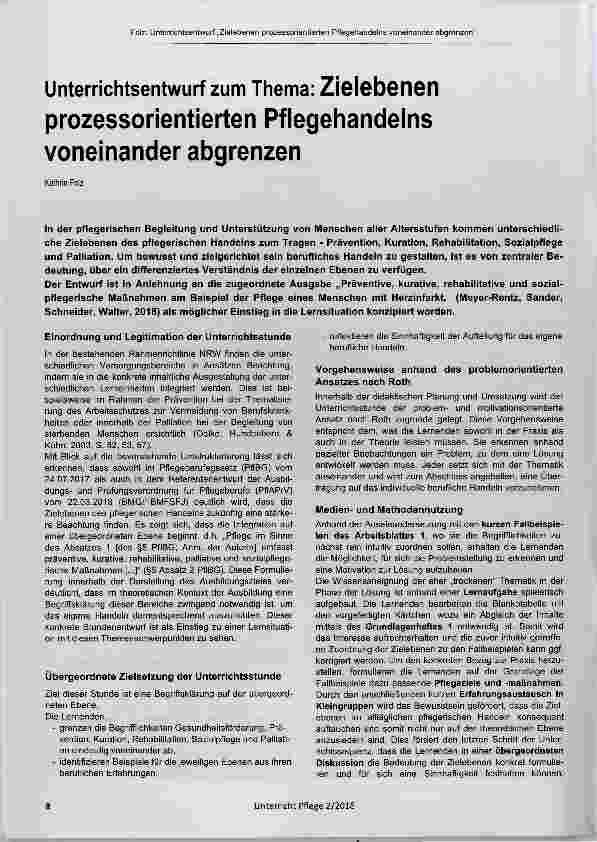 Vorschauseite 1: Unterrichtsentwurf zum Thema: Zielebenen prozessorientierten Pflegehandelns voneinander abgrenzen