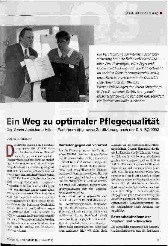 Vorschauseite 1: Ein Weg zu optimaler Pflegequalität Der Verein Ambulante Hilfe in Paderborn über seine Zertifizierung nach der DIN ISO 9002