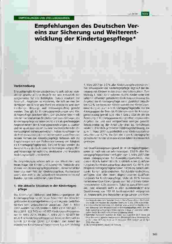 Vorschauseite 1: Empfehlungen des Deutschen Vereins zur Sicherung und Weiterentwicklung der Kindertagespflege