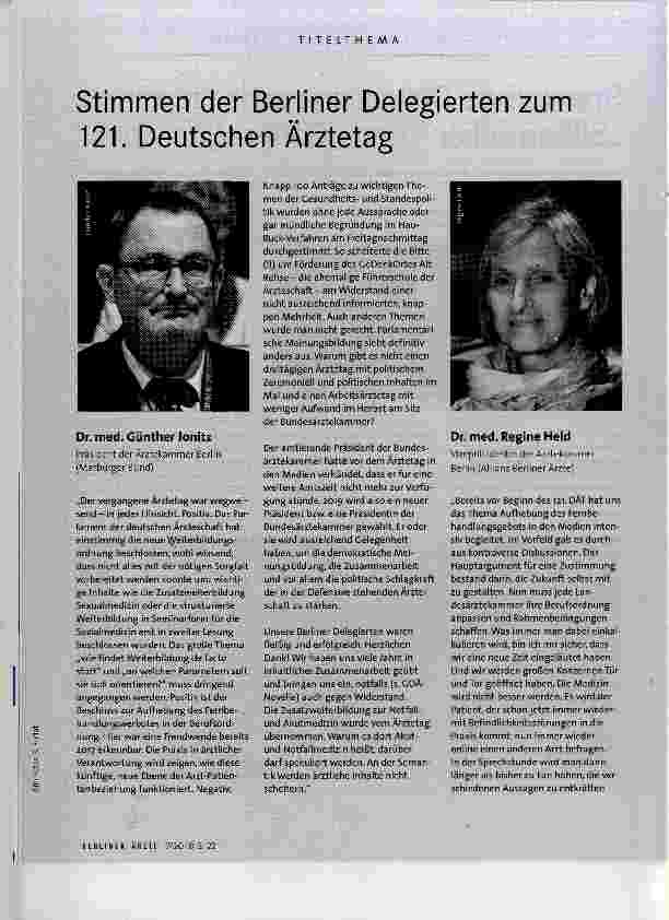 Vorschauseite 1: Stimmen der Berliner Delegierten zum 121. Deutschen Ärztetag