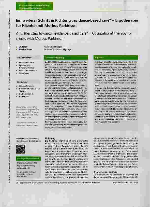 Vorschauseite 1: Ein weiterer Schritt in Richtung „evidence-based care Ergotherapie für Klienten mit Morbus Parkinson