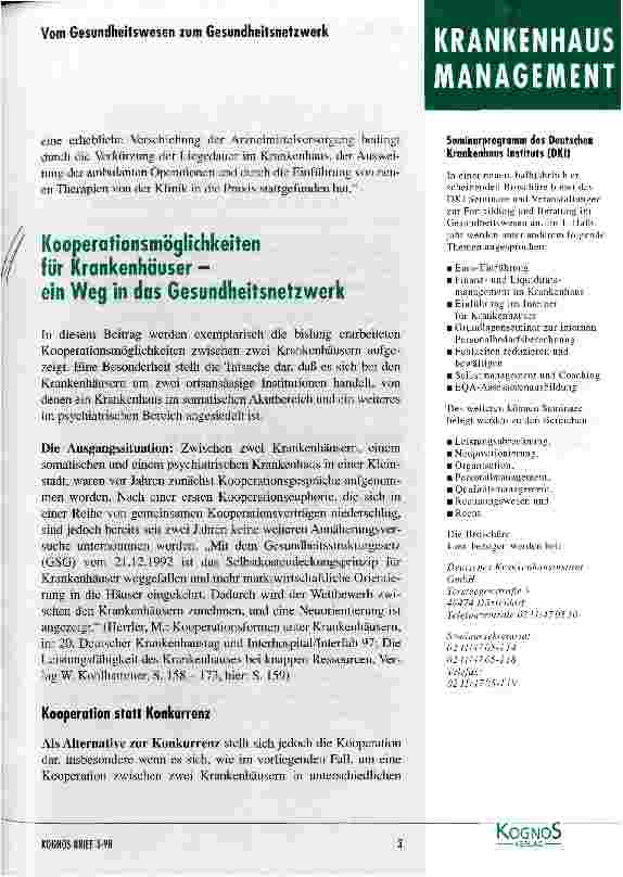 Vorschauseite 2: Kooperationsmöglichkeiten für Krankenhäuser - ein Weg in das Gesundheitsnetzwerk