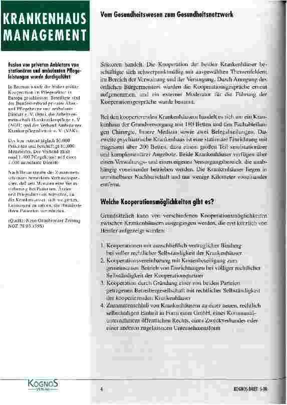 Vorschauseite 3: Kooperationsmöglichkeiten für Krankenhäuser - ein Weg in das Gesundheitsnetzwerk