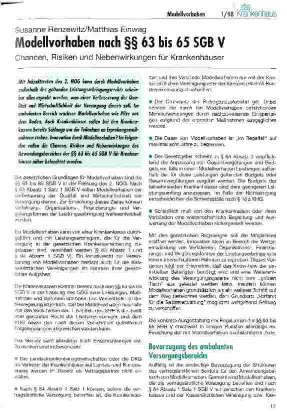 Vorschauseite 1: Modellvorhaben nach  63 bis 65 SGB V Chancen, Risiken und Nebenwirkungen für Krankenhäuser