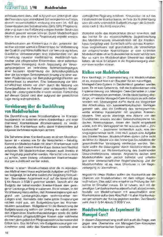 Vorschauseite 4: Modellvorhaben nach  63 bis 65 SGB V Chancen, Risiken und Nebenwirkungen für Krankenhäuser