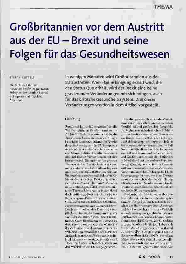 Vorschauseite 1: Großbritannien vor dem Austritt aus der EU Brexit und seine Folgen für das Gesundheitswesen