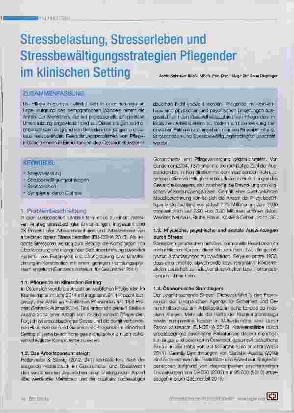 Vorschauseite 1: Stressbelastung, Stresserleben und Stressbewältigungsstrategien Pflegender im klinischen Setting