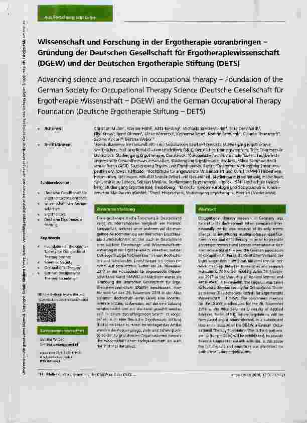 Vorschauseite 1: Wissenschaft und Forschung in der Ergotherapie voranbringen Gründung der Deutschen Gesellschaft für Ergotherapiewissenschaft (DGEW) und der Deutschen Ergotherapie Stiftung (DETS)