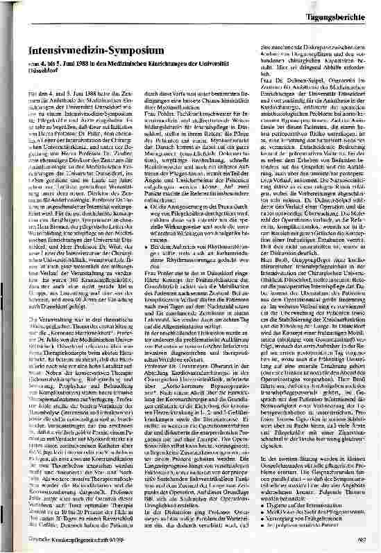 Vorschauseite 1: Intensivmedizin-Symposium vom 4. bis 5. Juni 1988 in den Medizinischen Einrichtungen in Düsseldorf