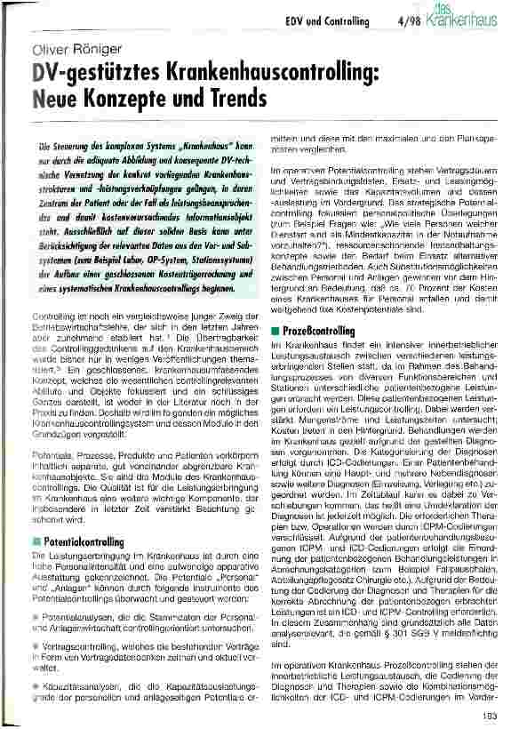 Vorschauseite 1: DV-gestütztes Krankenhauscontrolling: Neue Konzepte und Trends