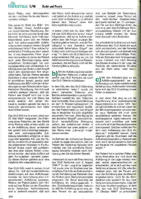 Vorschauseite 2: Patientenaufklärung im Spiegel der Rechtsprechung des Jahres 1997