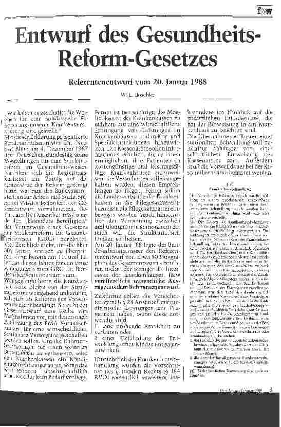 Vorschauseite 1: Entwurf des Gesundheits-Reform-Gesetzes Referentenentwurf vom 20. Januar 1988