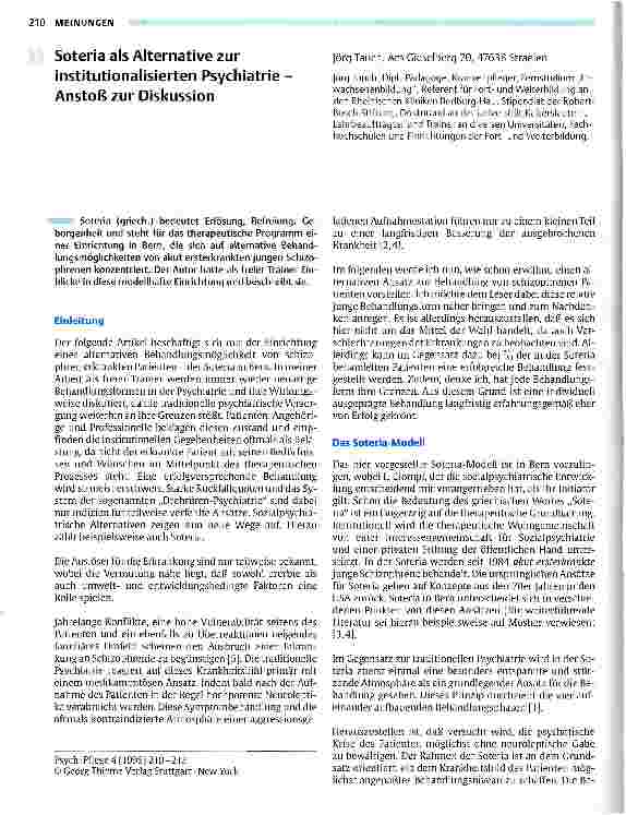 Vorschauseite 1: Soteria als Alternative zur institutionalisierten Psychiatrie Anstoß zur Diskussion