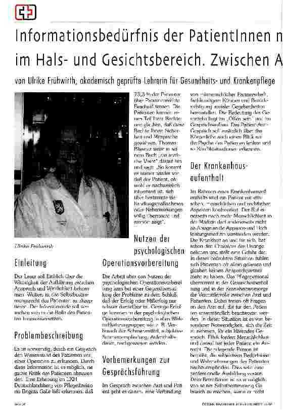 Vorschauseite 1: Informationsbedürfnis der PatientInnen mit bösartigen Erkrankungen im Halsund Gesichtsbereich. Zwischen Anspruch und Wirklichkeit