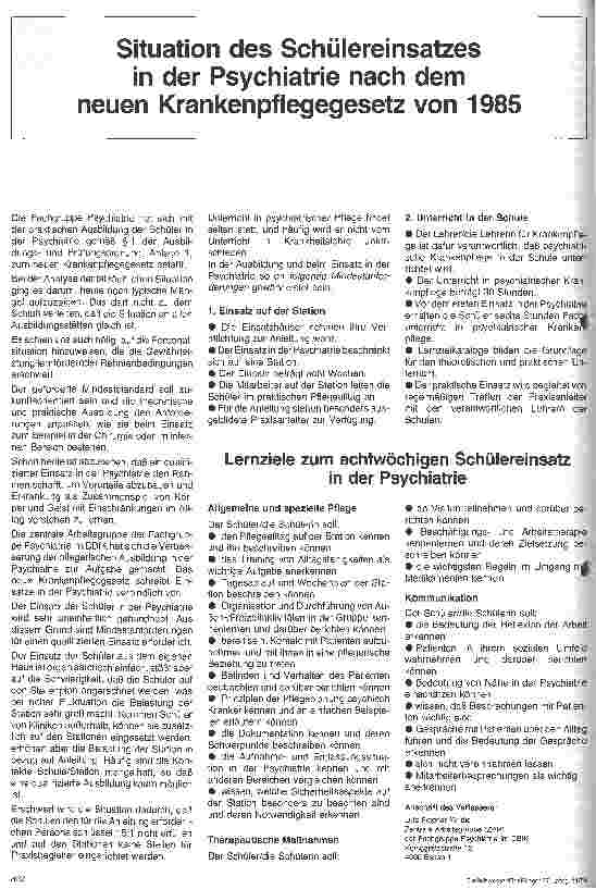 Vorschauseite 1: Situation des Schülereinsatzes in der Psychiatrie nach dem neuen Krankenpflegegesetz von 1985