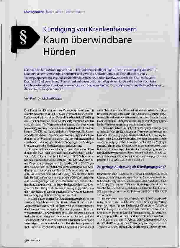 Vorschauseite 1: Kündigung von Krankenhäusern Kaum überwindbare Hürden