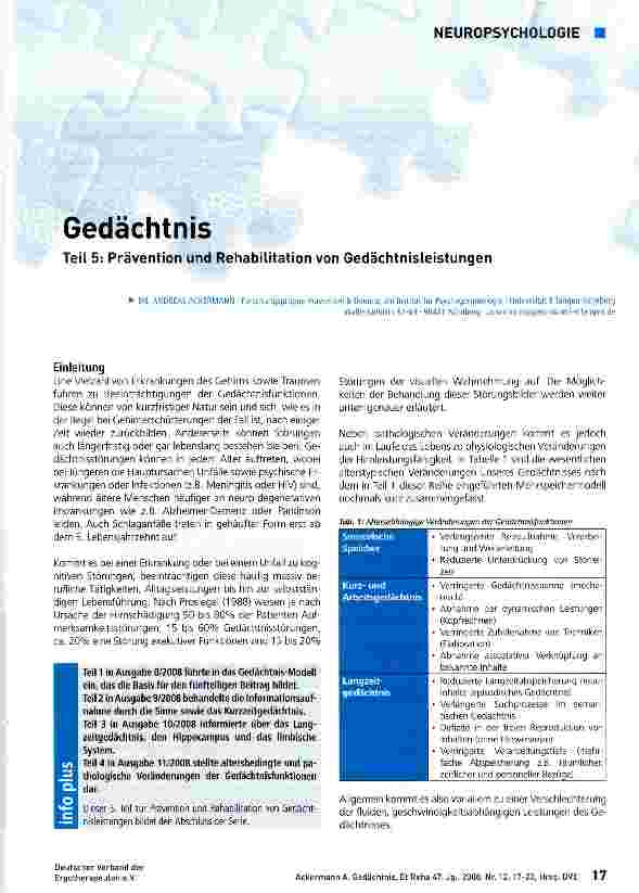 Vorschauseite 1: Gedächtnis Teil 5: Prävention und Rehabilitation von Gedächtnisleistungen