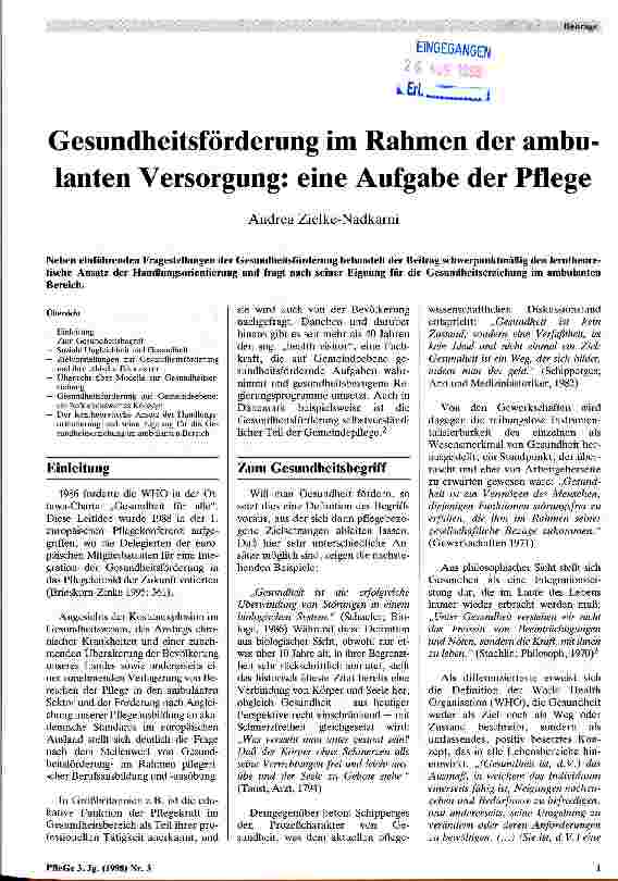 Vorschauseite 1: Gesundheitsförderung im Rahmen der ambulanten Versorgung: eine Aufgabe der Pflege