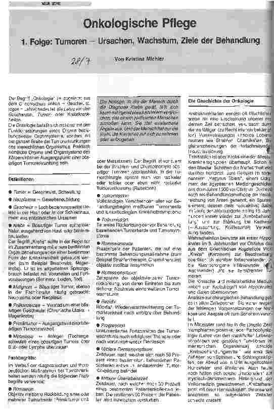 Vorschauseite 1: Onkologische Pflege 1. Folge: Tumoren- Ursachen, Wachstum, Ziele der Behandlung