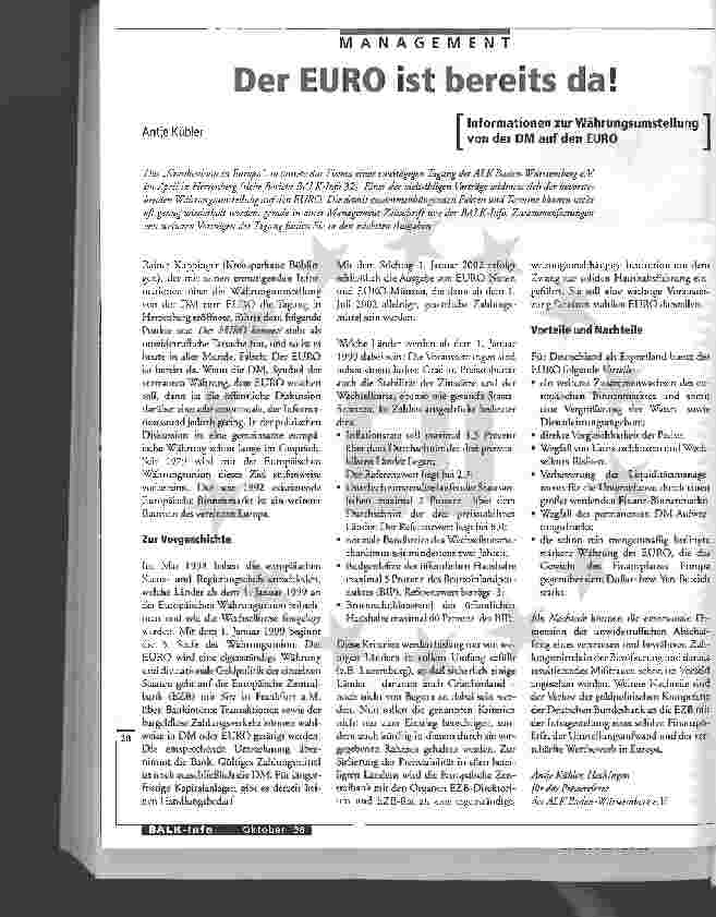 Vorschauseite 1: Der EURO ist bereits da! Informationen zur Währungsumstellung von der DM auf den EURO