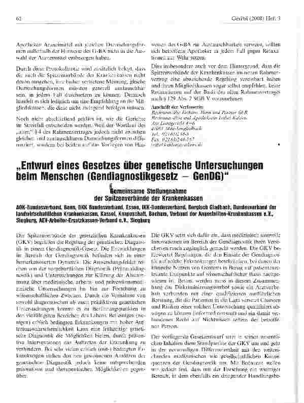 Vorschauseite 1: Entwurf eines Gesetzes über genetische Untersuchungen beim Menschen (Gendiagnostikgesetz - GenDG)