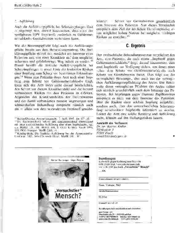 Vorschauseite 3: Verletzung des ärztlichen Behandlungsvertrags bei unzureichenden Angaben zu Therapiemöglichkeiten?