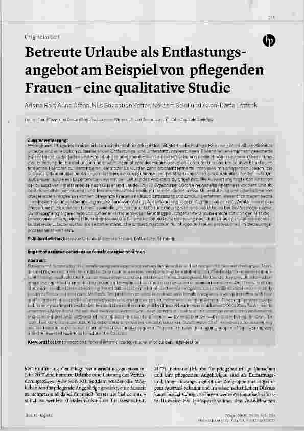 Vorschauseite 1: Betreute Urlaube als Entlastungsangebot am Beispiel von pflegenden Frauen eine qualitative Studie