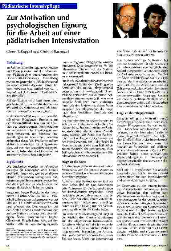 Vorschauseite 1: Zur Motivation und psychologischen Eignung für die Arbeit auf einer pädiatrischen Intensivstation