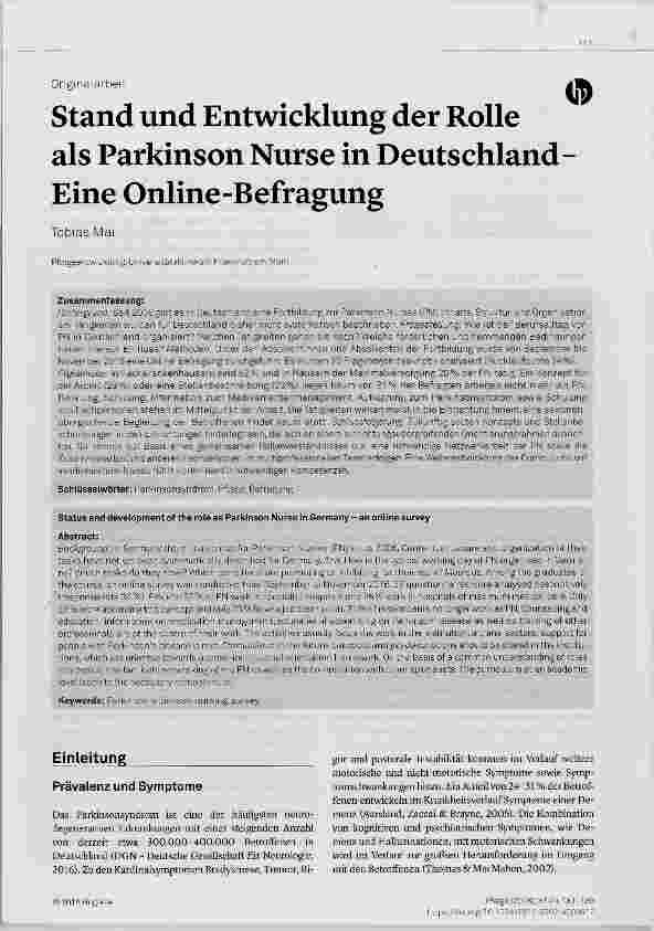 Vorschauseite 1: stand und Entwicklung der Rolle als Parkinson Nurse in Deutschland- Eine Online-Befragung