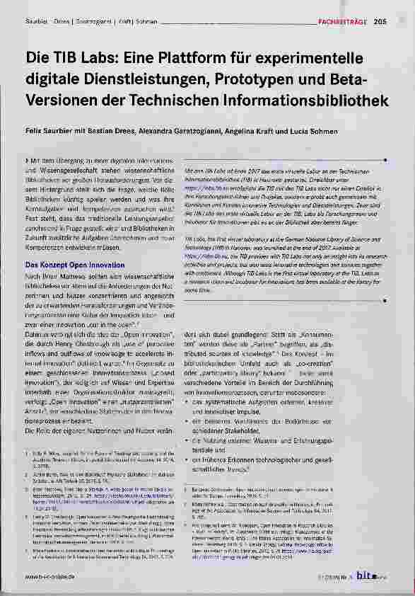 Vorschauseite 1: Die TIB Labs: Eine Plattform für experimentelle digitale Dienstleistungen, Prototypen und Beta- Versionen der Technischen Informationsbibliothek