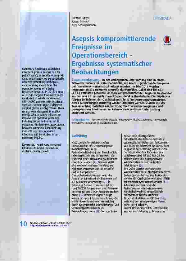 Vorschauseite 1: Asepsis kompromittierende Ereignisse im Operationsbereich Ergebnisse systematischer Beobachtungen